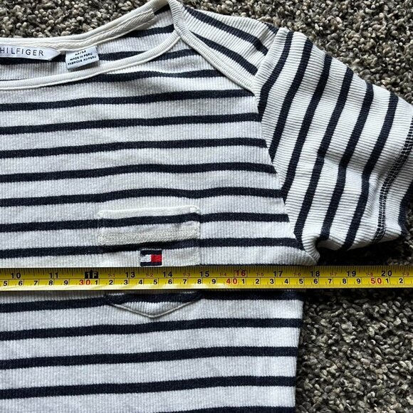Tommy Hilfiger Shirt Women Medium White Navy Striped Baby Tee Soft Girl Babydoll - Picture 6 of 8